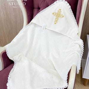Hooded Christening Towel: Soft Terry Cloth with Lace & Gold Embroidery
