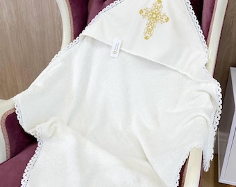 Toalla de bautismo con capucha: Manta de felpa suave con encaje y bordado dorado