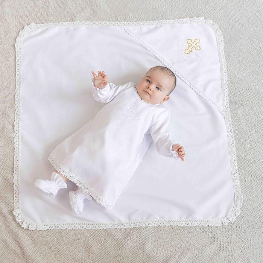 Linen Baby Baptism Set: Christening Gown, Blanket & Booties - Gold Cross Embroidery