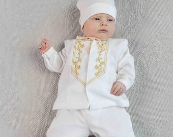 Linen Baptism Outfit for Baby Boy – Ivory Christening Set with Gold Embroidery