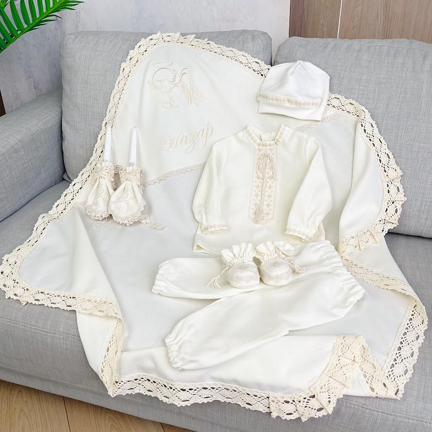 Personalized Linen Baby Baptism Set: Embroidered Blanket, Hat, Booties & Candles