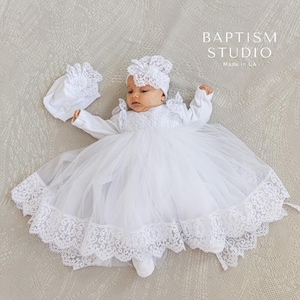 Weiß Velour Baby Mädchen Tauf Outfit: Spitze Taufkleid Set