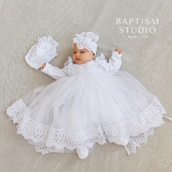 White Velour Baby Girl Christening Outfit: Lace Baptism Gown