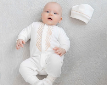 Velour Baby Boy Christening Outfit – Baptism Romper with Booties & Hat, Soft Velvet Infant Set