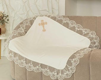 Personalized Velour Baptism Blanket: Ivory Lace Christening Shawl