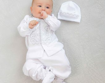 Conjunto de lino para bautizo de bebé niño / Conjunto de bautizo ucraniano con bordado