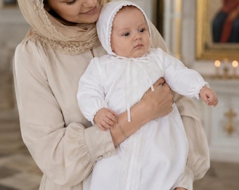 White Linen Christening Gown with Bonnet | Baby Baptism Dress, Lace Trim Outfit