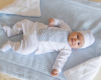 Embroidered Velour Christening Outfit: Baby Boy Baptism Set