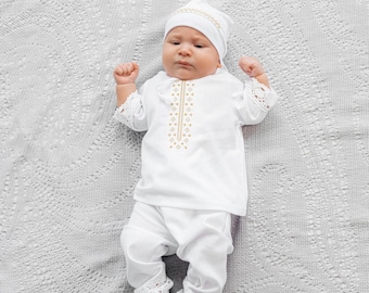 Embroidered Linen Baptism Outfit Boy: 4-Piece Baby Set