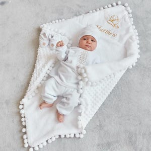 Personalized Baby Baptism Outfit & Blanket: Embroidered Velour Christening Set