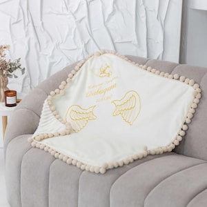 Personalized Baptism Blanket – Linen and Plush Christening Shawl with Angel Embroidery