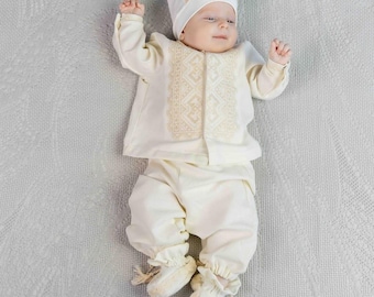 Natural Linen Baby Christening Outfit – Handmade Beige Embroidered Set for Boys or Girls