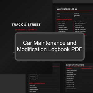 May include: A black and red digital logbook and journal titled Track & Street, featuring sections for maintenance logs, service items, owner and insurance information, and quick specifications for tracking car maintenance and modifications.
