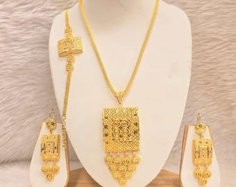 Gold Plated Ethiopian Arabic Style Jewelry Set – Necklace, Earrings, Bracelet, Statement Wedding Piece