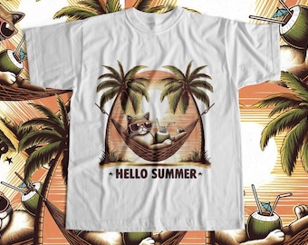 May include: White t-shirt featuring a graphic of a cat wearing sunglasses and relaxing in a hammock beneath palm trees. The text "HELLO SUMMER" is printed below the cat.