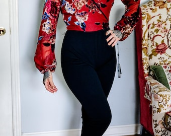 Adrianna Papell Velvet Burnout Jumpsuit | Burgundy Floral Sheer Sleeve Y2K Outfit