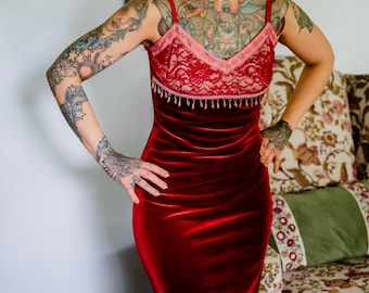 Vintage Betsey Johnson New York Velvet Dress Size Medium | Y2K Red Midi | Beaded Slip Lace Bust Dress