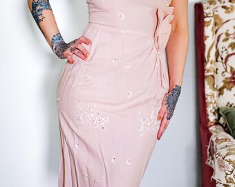 Vintage 1960s Herman Marcus Pink Embroidered Midi Dress | Bow Waist Cocktail Attire