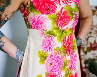 Vintage 1960s Hawaiian Barkcloth Maxi Dress | Pink Chrysanthemum Floral Tiki Resort Wear