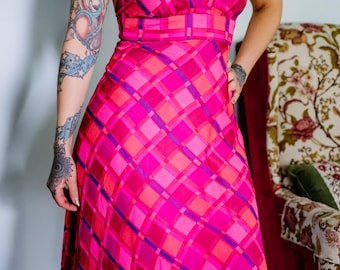 Vintage Betsey Johnson New York Pink Plaid Halter | Y2K Barbiecore Open Back Midi | 90s McBling Bias Cut Party Dress