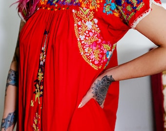 Vintage Handmade Mexican Maxi Dress | Red Floral Embroidered Oaxaca Style Folk Apparel