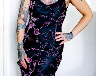 Vintage 90s Burnout Velvet Floral Dress | Black Plum Sheer Chiffon Midi Formal
