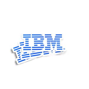 May include: A stack of blue and white IBM logo stickers on a white background. The IBM logo is in a stylized font with horizontal blue lines. The stickers have a white border and a slight shadow.