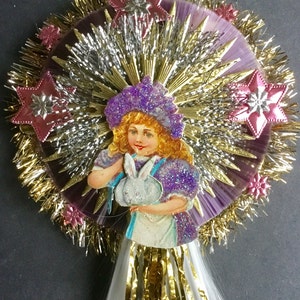 vintage Look Easter Girl Ornament-German Scrap,German Dresdens,German Tinsel,Spun Glass Tail,Spun Glass,vintage Lametta Tinsel