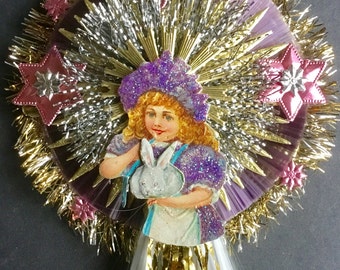 Vintage Look Easter Girl Ornament-German Scrap,German Dresdens,German Tinsel,Spun Glass Tail,Spun Glass,Vintage Lametta Tinsel