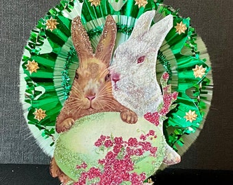 Victorian or Vintage Look Easter Ornament Tree Topper- Vintage 1900’s Postcard Easter Rabbits,German Dresden,Vintage Tinsel, Spun Glass