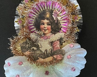 Vintage Scrap Girl Christmas Ornament: Kitty, Silk Flower Skirt, German Dresdens