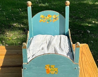 Antique Vintage Handmade Doll Bed With Mattress