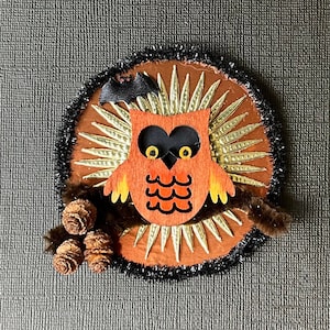 Vintage Look Victorian Halloween Ormament-Wood Owl, German Dresdens, Foil Paper, Real Tree Cones, Tinsel
