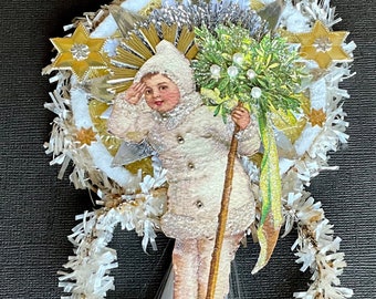 Vintage Look Victorian Christmas Ornament-Vintage Postcard, Snow Girl, German Spun Glass, German Dresdens, Vintage Tinsel, Chenille Roping