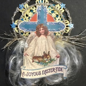 vintage Look Easter Ornament-vintage 1900's Postcard Angel,German Dresdens,German Tinsel,Angel Hair,vintage Reflector
