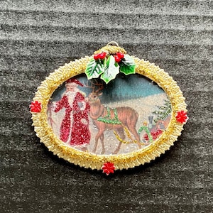 Look vintage vittoriano ornamento di Natale-cartolina vintage 1904 Babbo Natale e renne, orpelli tedeschi, Dresda tedesca, agrifoglio vintage