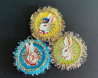 Vintage Look Victorian Easter Ornament-3 Vintage MLP English Easter Bunnies, German Dresdens, German Tinsel