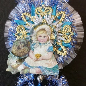 vintage Look Easter Ornament Victorian-Copy vintage 1900's Lions Coffee Girl W/Chick German Dresdens,German Spun Glass,vintage Glass Beads