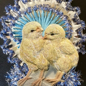 Vintage Look Chick Easter Ornament Victorian-Vintage 1911 Postcard,German Dresdens,German Tinsel,Vintage Glass Beads And Reflector