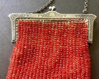 Vintage Red Beaded Purse With Decorative Frame
