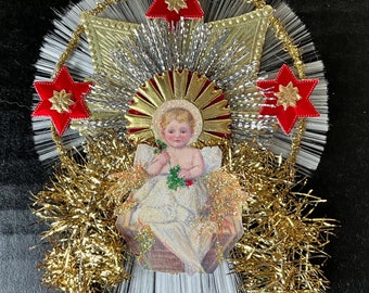 Vintage Look Victorian Baby Jesus Christmas Ormament- Tinsel, German Dresdens, Vintage German Tinsel & Spun Glass