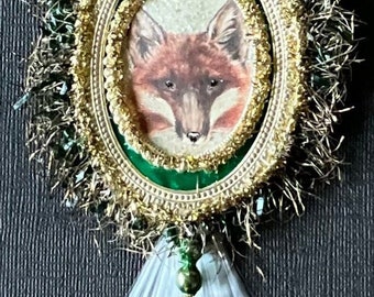 Vintage Look Victorian Christmas Ornament-Fox image, German Dresdens, Spun Glass, Vintage Glass Beads, Vintage Tinsel, German Tinsel