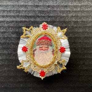 Ornamento di Natale vittoriano dal look vintage: cartolina vintage del 1912, orpelli tedeschi, Dresda tedesca vintage, vetro filato tedesco