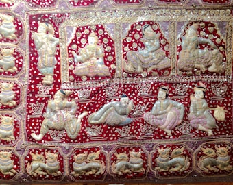Tapestry-Very Early 20th Century Burmese Buddhist Temple Kalaga Wall Hanging Heavily Beaded and Sequined
