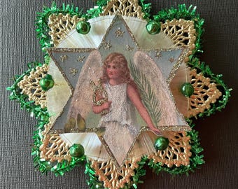 Vintage German Angel Christmas Ornament: Spun Glass & Dresden Star