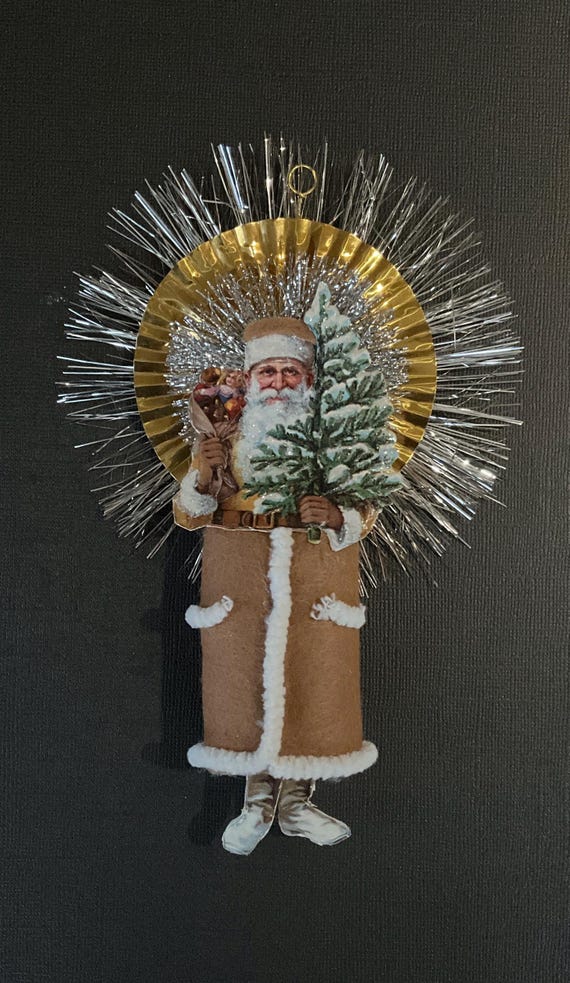 Vintage German Santa Ornament: Mica & Tinsel Christmas Decor
