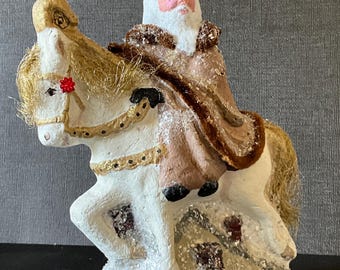 Hand-Painted Paper Mache Santa on Horse: Vintage-Look Christmas Decor