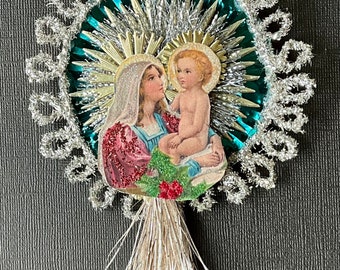 Handmade Victorian Look Christmas Ornament-VintagePostcard Mary And Baby Jesus,VintageReflector,German Tinsel,German Dresden,Austrian Tassel