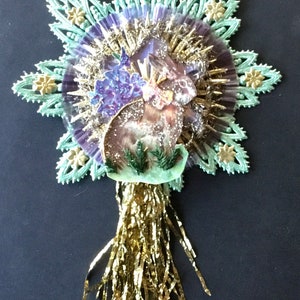 vintage Look Victorien Ornement de Pâques-vintage 1900's German Postcard Bunny, German Dresdens, German Tinsel, vintage Lanetta Tinsel, Spun Glass