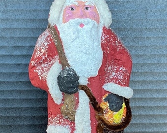 Vintage Look 8”  Paper Mache Santa Belsnickle -Hand Painted, Mica, Glitter, Chenille